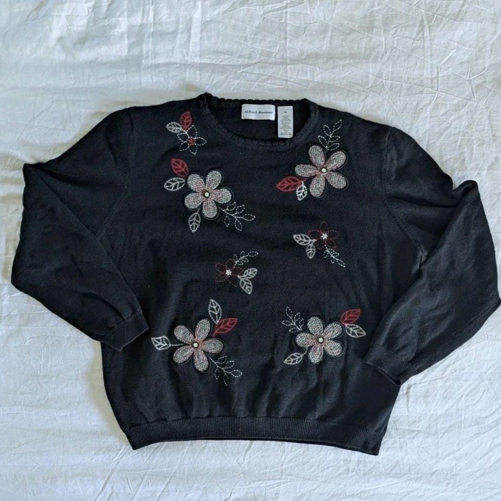 Vtg Floral Embroidered Herringbone Long Sleeve Sweater Sz XL Cottagecore Holiday